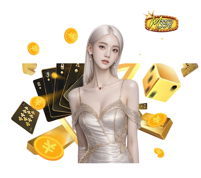 ALT: ผู้หญิงผมสีเงินสวมชุดเดรสหรู รายล้อมด้วยเหรียญทอง ไพ่ ลูกเต๋า และโลโก้ M358 บนพื้นหลังโปร่งใส แนวคาสิโนสล็อตออนไลน์